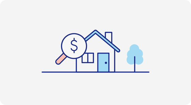 A simple drawing of a house with a magnifying glass looking it over with a dollar sign.