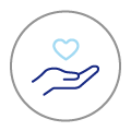 An icon of a hand holding a heart representing care.