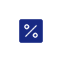 Dark blue square icon with a white percent symbol in the middle on a white background.