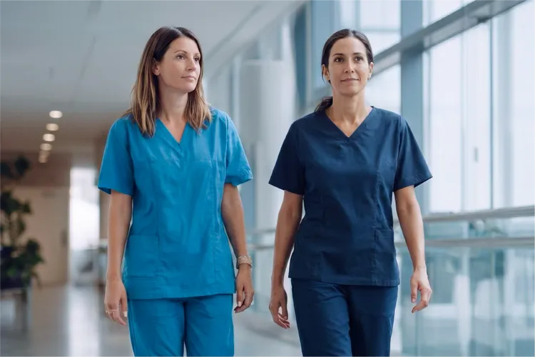 Two healthcare professionals in scrubs walk side by side down a bright hospital corridor.
