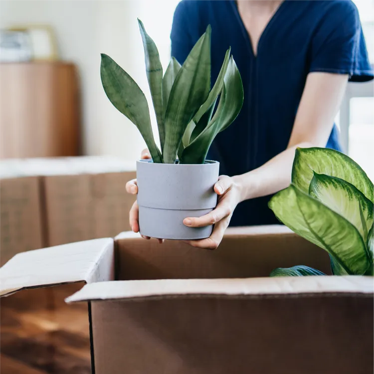 A nurse in scrubs unpacks a cardboard box in her new home.